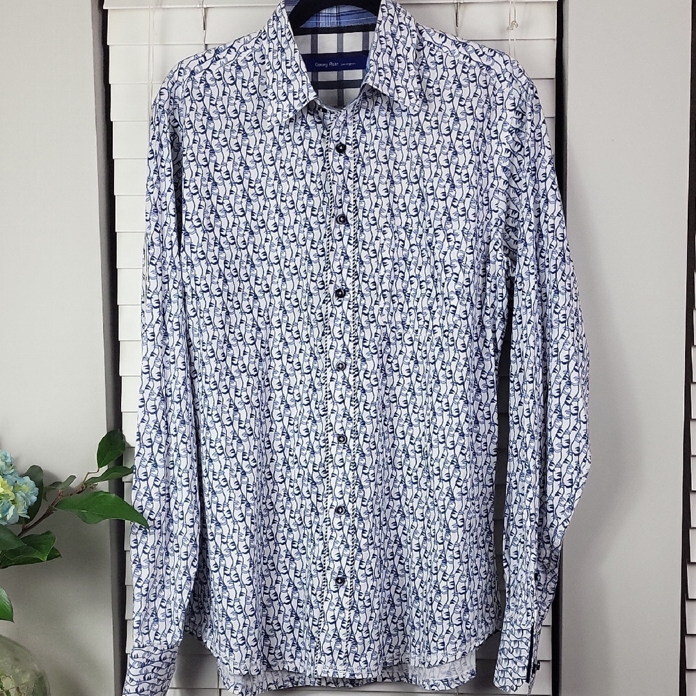 Georg Roth Los Angeles Button-Down Shirt with Navy All-Over Print. Size L